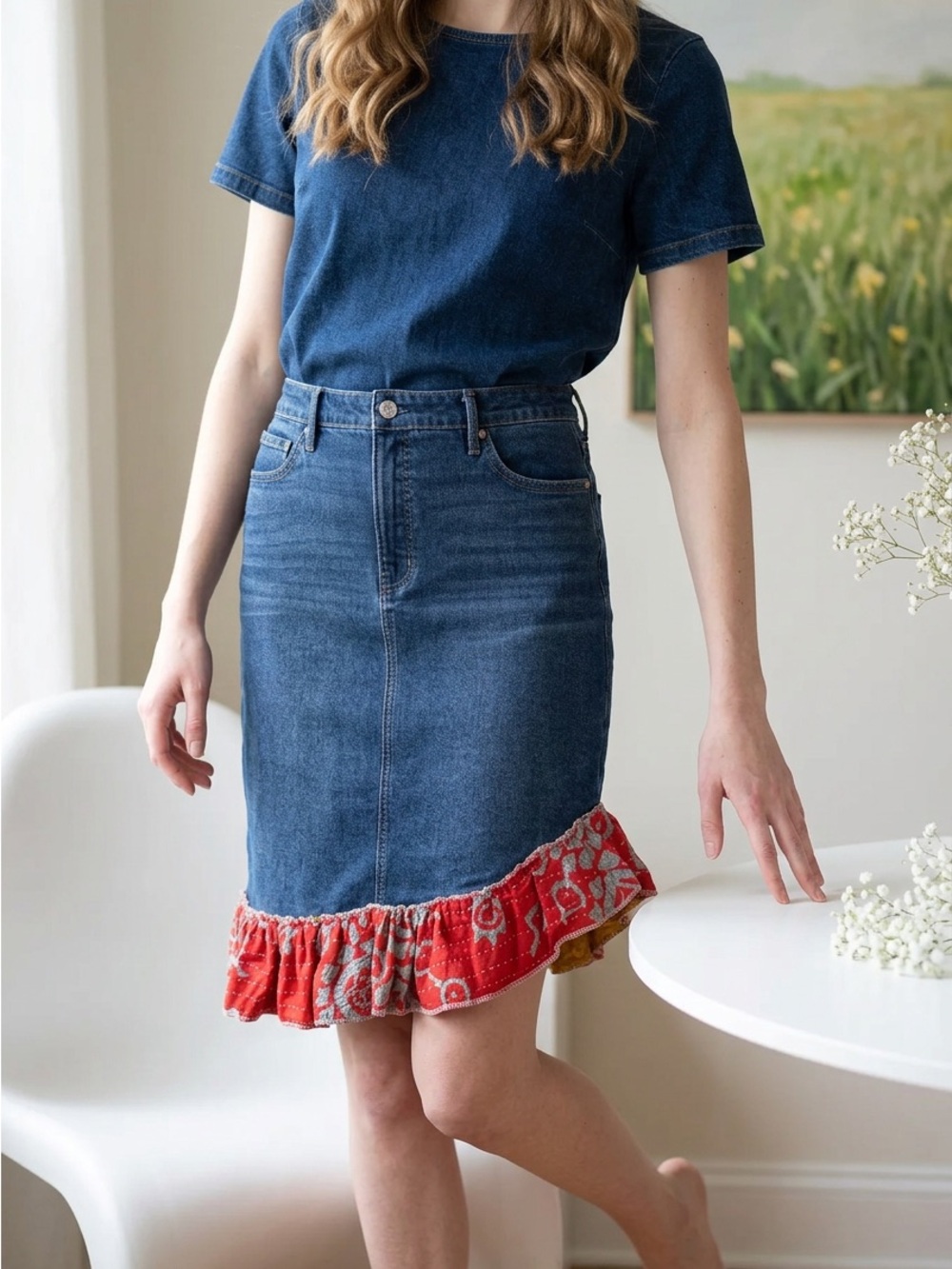 Upcycle Denim Midi Skirt with Red Kantha Bandana Ruffle